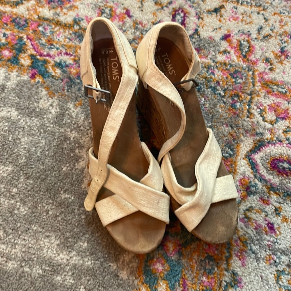 TOMS White strappy wedged heel canvas